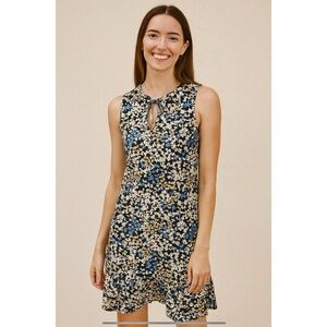 MICHAEL KORS DRESS TIE NECK JERSEY STRETCH BLACK WHITE DITZY FLORAL RUFFLE XS